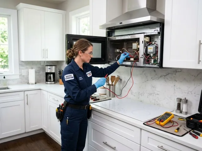 Appliance Repair Hero technician testing an over-the-range microwave in a Boring, MD kitchen